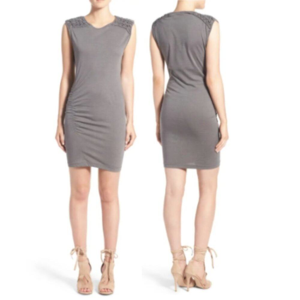 NWOT Pam & Gela Grey Macrame Ruched Bodycon Mini Dress
